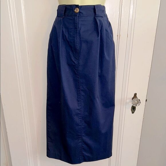 Vintage 80s Chaus Navy Blue Pleat Front Straight Midi Polyester/Cotton Skirt - Picture 1 of 8